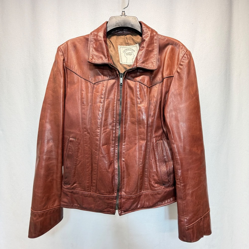 Georgetown Leather Design Jacket Women 40 Medium Brown Vintage Western Biker Zip
